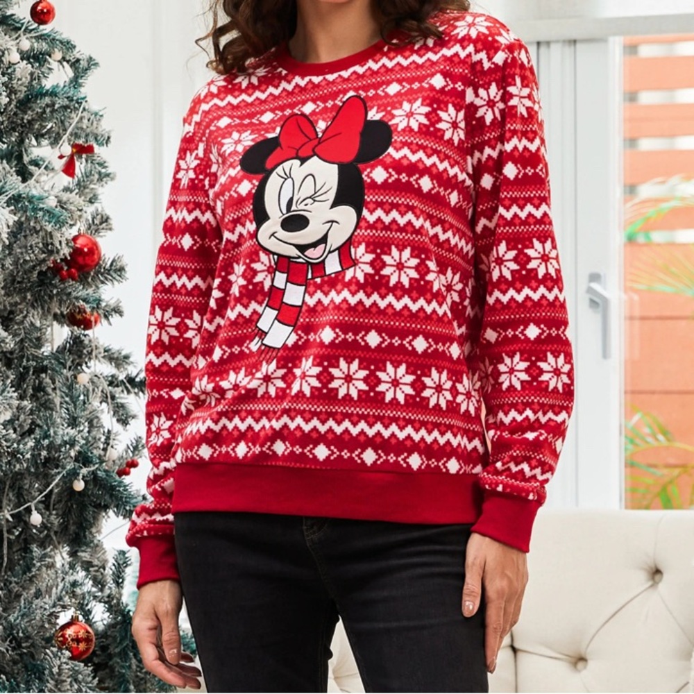 Disney Women Minnie Xmas Snowflake Crew Neck Fleece Sweatshirt Red